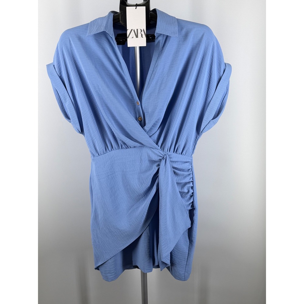 Zara Womens Blue Draped Knot Mini‎ Dress Crossover V-Neck Short Sleeve Small NEW